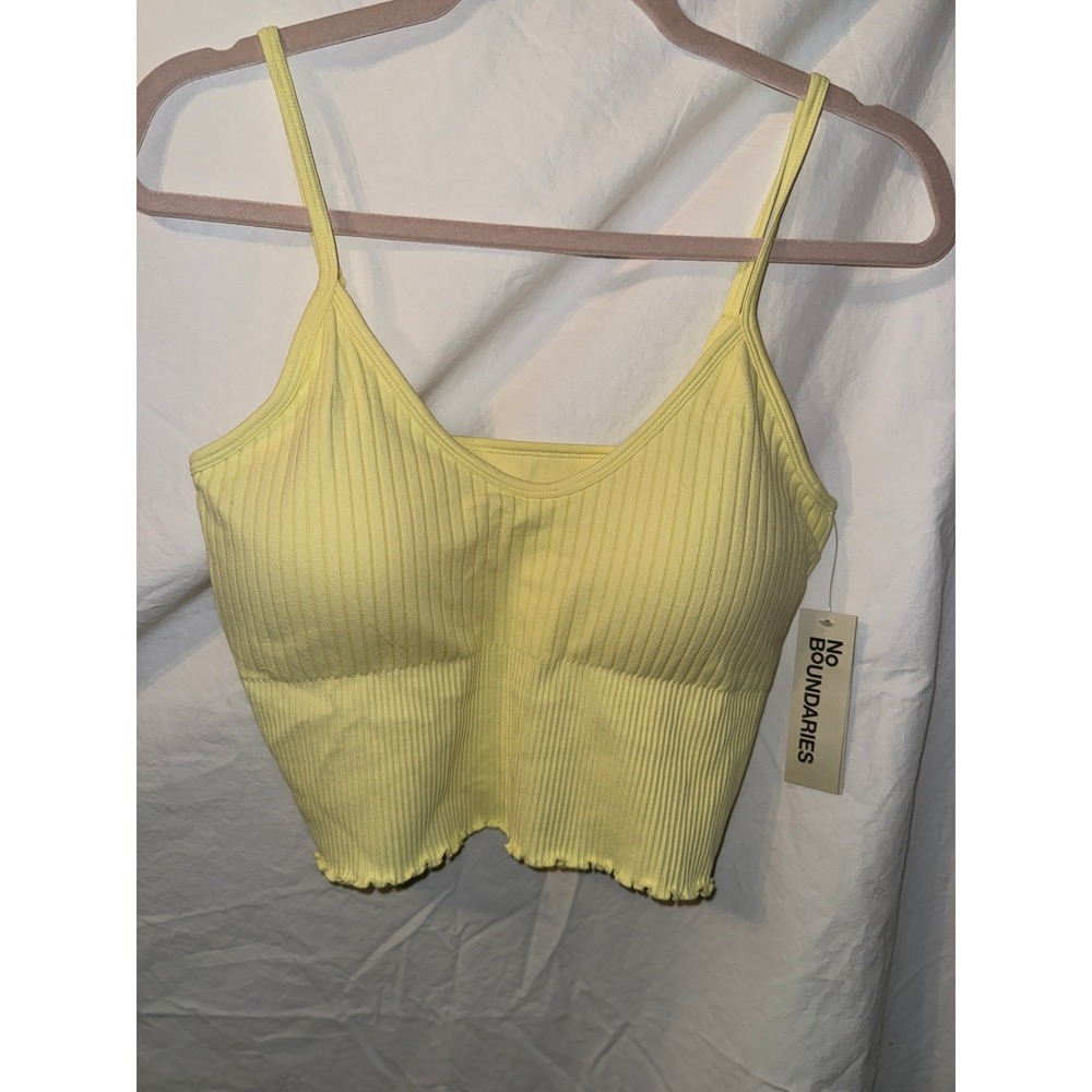 No Boundaries Womens Yellow Ribbed Seamless Cami Crop Top Lettuce Edge XL NWT